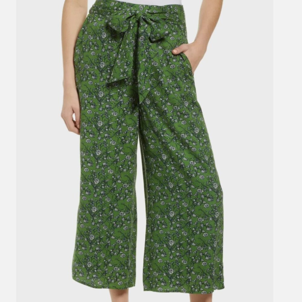 Hinge Viscose Wide Leg Crop Pants In Green Floral Print Size | Size XS